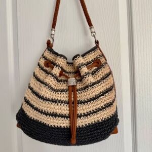 Brighton Sierra Navy & Natural Straw Bucket Handbag